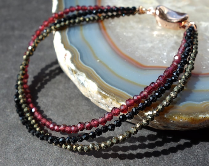 Triple Gemstone Bracelet, Red Garnet, Pyrite and Black Spinel bracelet, Multistrand bracelet, Triple row bracelet, layered bracelet