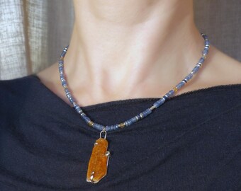 Unique Necklace with Blue Kyanite and Orange Pendant