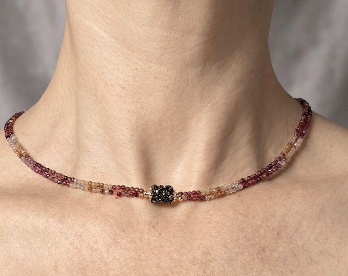 Natural tundra sapphire necklace with Swarovski crystal, genuine sapphire tiny necklace, Multistrand sapphire necklace, sapphire choker