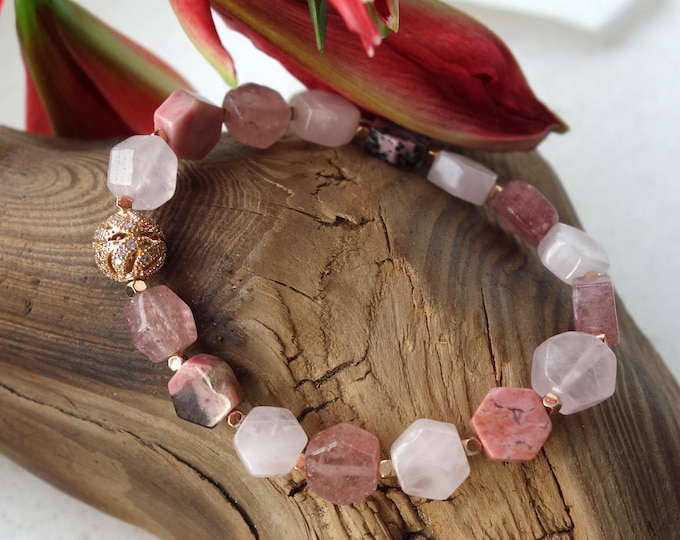 Rose Quartz, Strawberry Quartz & Rhodonite Bracelet