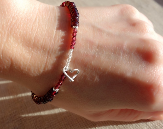 Garnet and topaz Bracelet with sterling silver, Red garnet Skinny bracelet, Gemstone bracelet with sterling silver heart, garnet bangle