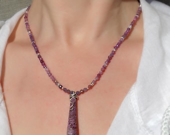 Pink sapphire necklace with purpurite pendant and sterling silver accents, Natural sapphire necklace, bohemian necklace, purpurite necklace