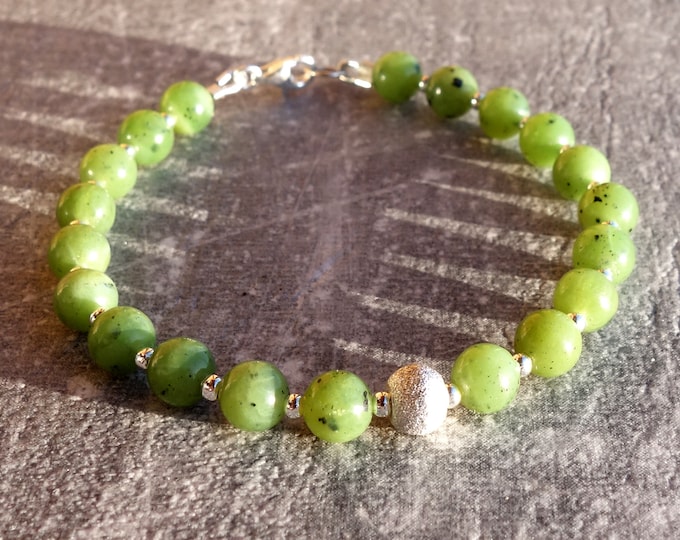 Genuine Nephrite Bracelet with silver beads, jade bracelet,  green bracelet, nephrite  jewelry, nephrite jade bracelet, green jade bracelet