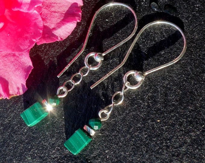 Natural Malachite Earrings with sterling silver, long chain earrings, genuine malachite earrings, gemstone earrings, long silver earrings