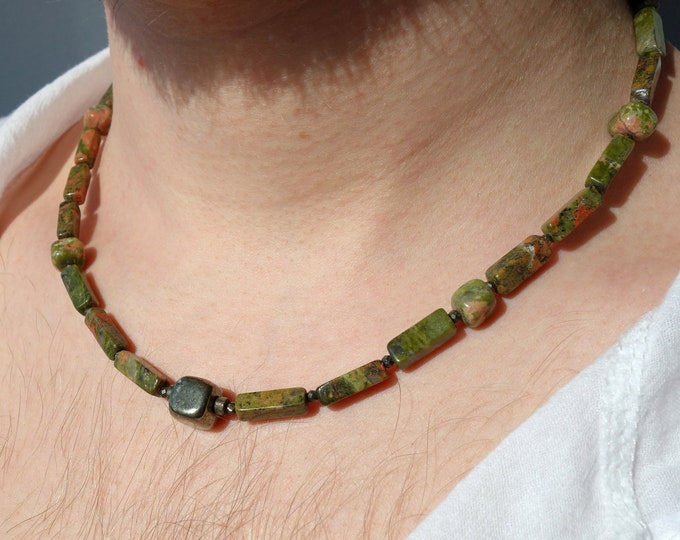 Unakite and pyrite choker for men, Unakite necklace, Pyrite Necklace for men, Mens Necklace with unakite and pyrite stones