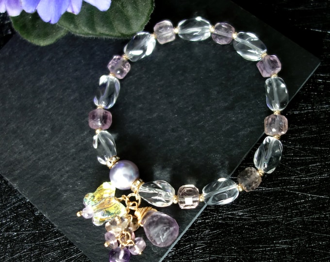 Ametrine and Clear quartz Bracelet with Swarovski crystals, Ametrine Bracelet, Natural clear quartz bracelet, Clear quartz ametrine bracelet