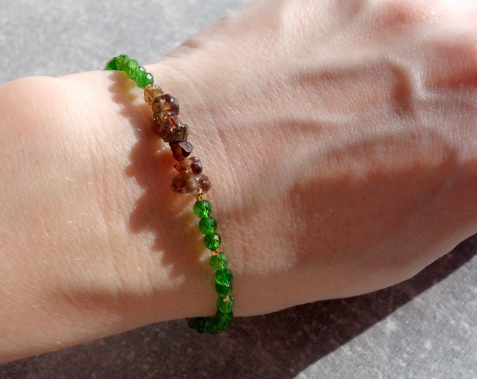 Chrome Diopside and zircon bracelet with with Gold plated Sterling silver, chrome diopside jewelry, zircon jewelry, delicate bracelet