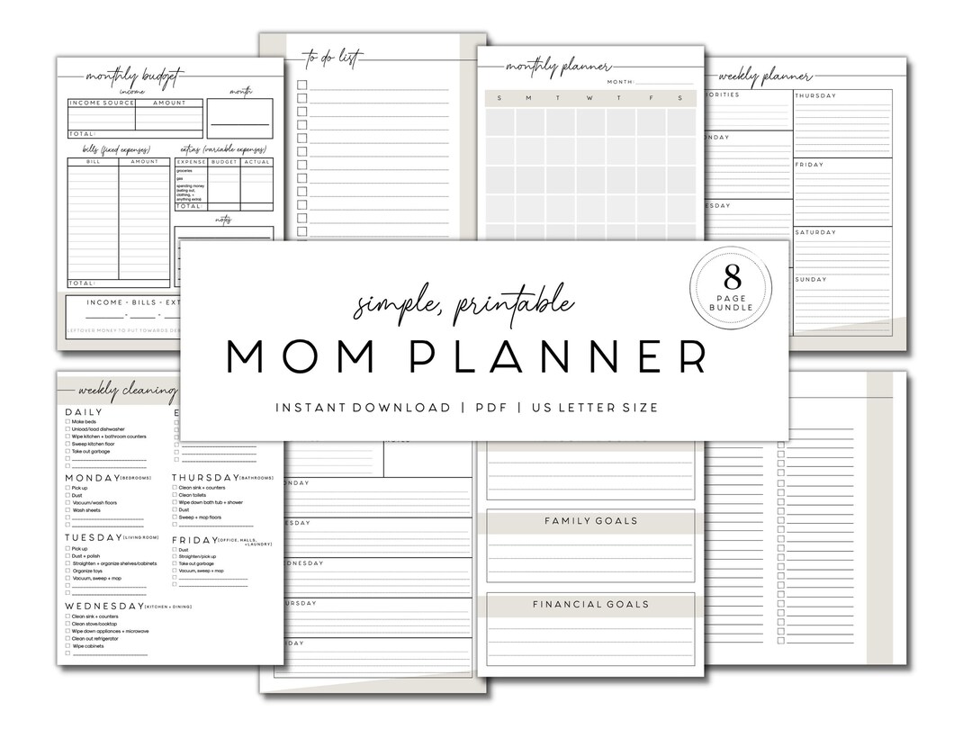 Simple Mom Planner, Printable Mom Planner, Cleaning Schedule, Monthly ...