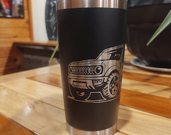 Bronco Design Tumbler. 2 sizes/3 colors. Laser Engraved, Vacuum insulated, Powder Coated, Stainless Steel. Free Shipping.
