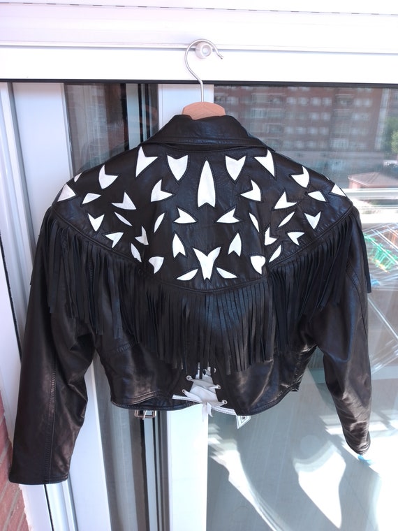 80s women's vintage black cropped leather jacket … - image 2