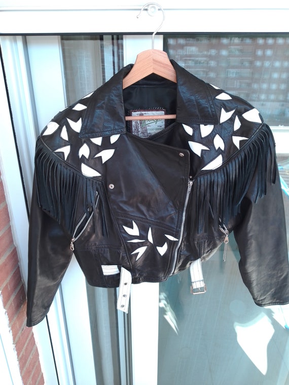 80s women's vintage black cropped leather jacket … - image 3