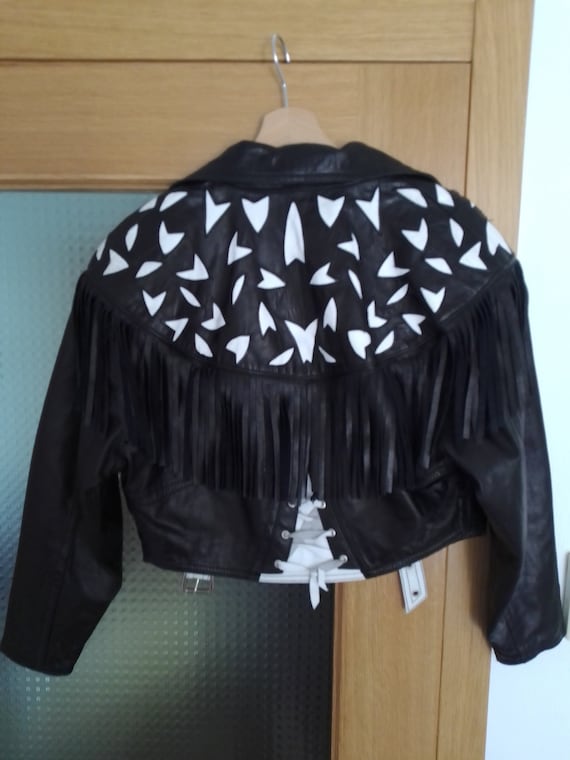 80s women's vintage black cropped leather jacket … - image 8