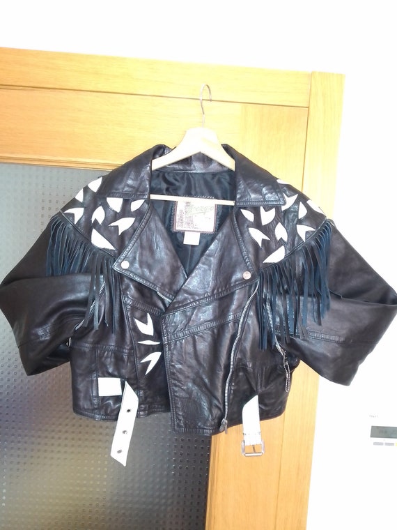 80s women's vintage black cropped leather jacket … - image 1