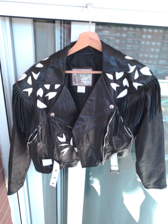 80s women's vintage black cropped leather jacket … - image 6