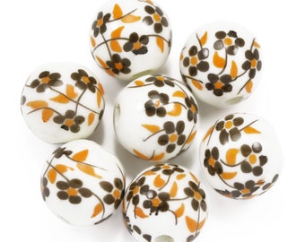 20 x  Brown Floral Round Porcelain Ceramic Beads for Jewellery Making 8 mm, 10 mm and 12 mm