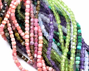 Small 2mm Faceted Cube Natural Semi-precious Gemstone Spacer Beads for Jewellery Making