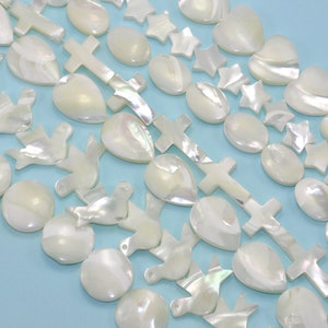 Mother of pearl Shell beads ivory white for jewellery making craft , hearts , leaves , Crosses , tear drop , round and stars