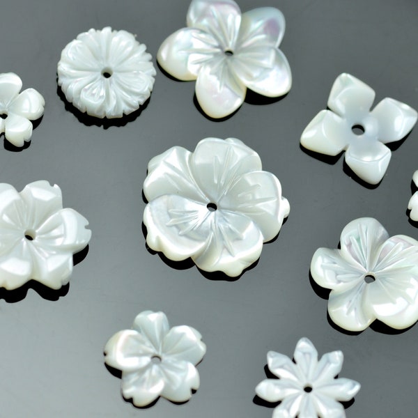 Perles en nacre ivoire, coquillages marins, fleurs sculptées, fabrication de bijoux x6 pièces