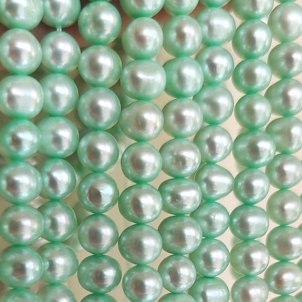 7-8mm Mint Green Near Round Genuine Freshwater Pearls for Jewellery Making-1 String