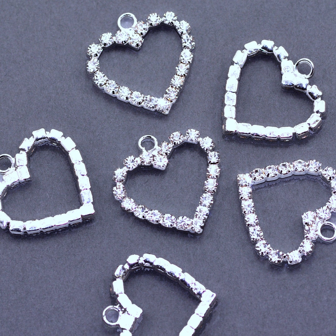Silver Rhinestone Heart Rhinestone Diamante Silver Tone Heart Pendants Charms Wedding ...