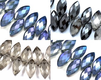 9x 25mm Large Frosted Faceted Pointed Oval Cut Glass Crystal Beads