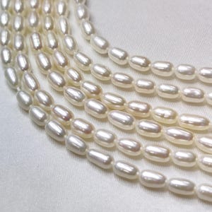 Peut inclure: Un brin de perles d'eau douce de forme ovale et de couleur blanche. Les perles sont enfilées sur un fil transparent et disposées en rangée.