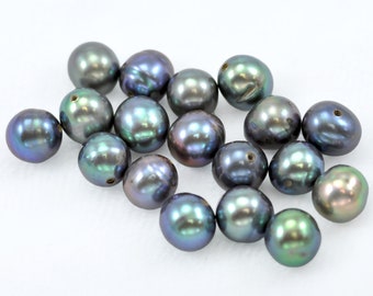 10 x Peacock Half-drilled Near Round Freshwater Pearls A 7mm for Jewellery Making