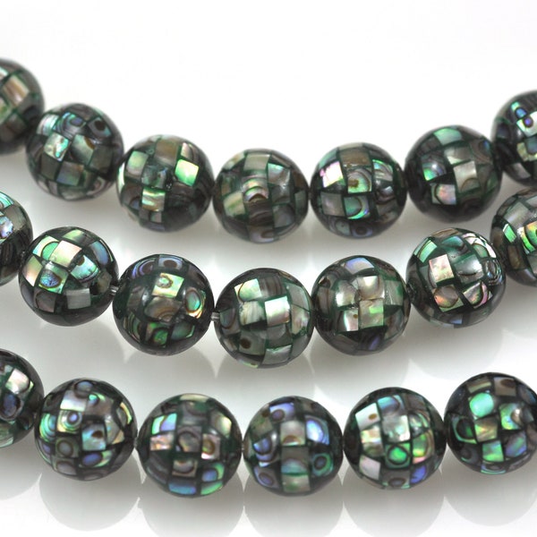 Boules de mosaïque en ormeau, perles de 10 mm en nacre blanche / fabrication de bijoux en nacre