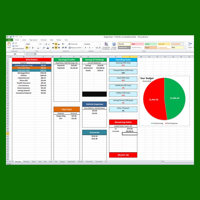 Excel monthly budget sheet 12 months etsy