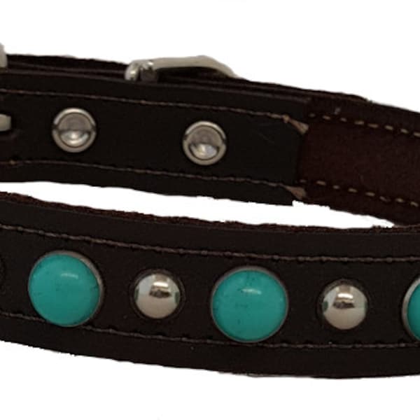 Small Leather Dog Collar With Turquoise Jewels Made In The USA, highest quality, best price, Free Shipping