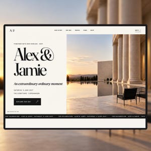 May include: A wedding website interface featuring the names Alex & Jamie, the date Saturday, 5 June 2027, and the location The Courtyard, Copenhagen. The design includes a photograph of a pool, stone columns, and black chairs at sunset.