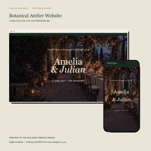 May include: A digital website template titled Botanical Atelier Website, featuring a desktop and mobile preview. The design displays the text Amelia & Julian, 12 June 2027, The Orangery, and Together, with everyone we love over a dark garden scene.