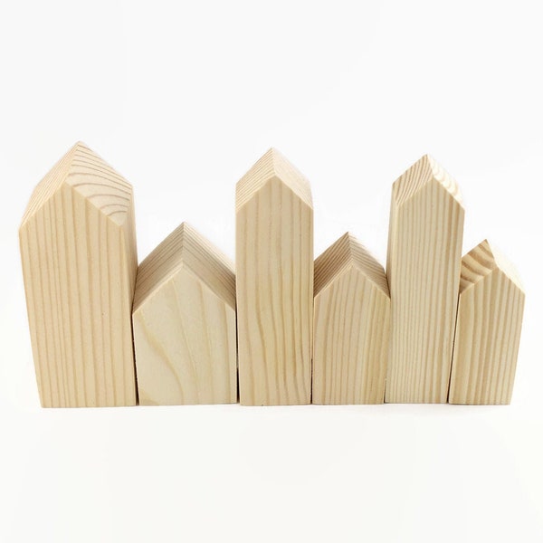 Set of 6 wooden houses. Unfinished wood house. for crafts painting coloring. uncolored, unpainted supplies