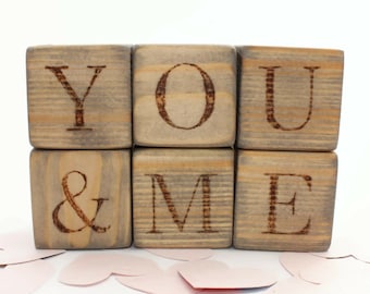 Personalized Wood Blocks. 1,5 inch cubes. Hand burned letters. Wooden letter blocks. Wood burned texts. Rustic Country Wedding decor.