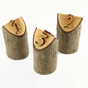 Numeri di tavolo in legno rustico. Biglietti da visita per matrimoni. Decorazioni in legno. decori naturali da rami