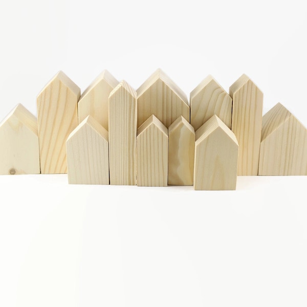 Set of 12 wooden houses. Unfinished wooden houses. Houses for painting coloring. lot wooden houses