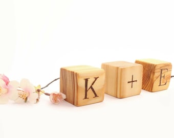 Personalized Wood Blocks. 1,5 inch cubes. Wooden letter blocks. Initials. Wood hand burned texts. Rustic Country Wedding decor.