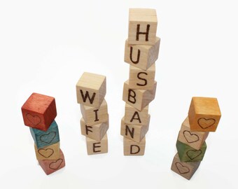 Personalized mini wooden blocks | 0,69 inch | Husband | Wife | Rustic wedding | Different colors | Decor | Wood burned texts | Letter blocks