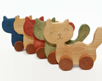 Wooden toy cat on wheels. Animal toy. Gift. Boy. Girl. Gift for 1 year old