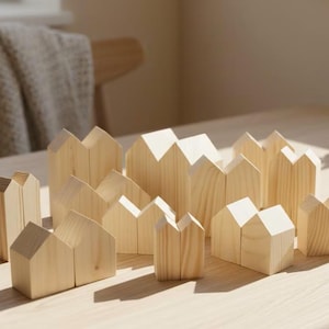 Set von 24 Holzhäusern. Unfertige Holzhäuser. Häuser zum basteln malen färben. Lot Holzhäuser