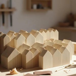 Set von 36 Holzhäusern. Unfertige Holzhäuser. Häuser zum basteln malen färben. Lot Holzhäuser