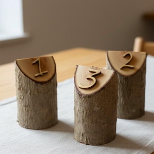 Números de mesa rústicos de madera. Tarjetas de mesa para bodas. Decoraciones de madera. Decoración natural con ramas.
