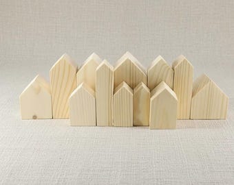 Set of 12 wooden houses. Unfinished wooden houses. Houses for painting coloring. lot wooden houses