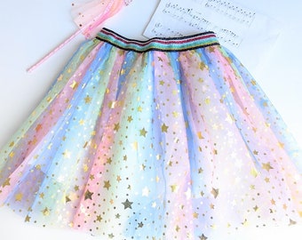 Girls Christmas Rainbow Tutu Skirt with gold stars - Christmas Girls tulle skirt for dressing up - Fairy skirt - Preschool dress up -