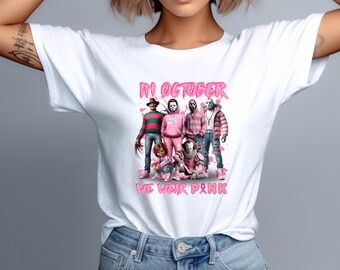 Im Oktober tragen wir ein rosa Shirt, ein Horror-Charakter-Brustkrebs-Bewusstseins-T-Shirt und ein gruseliges Halloween-Rosaband-Grafikoberteil