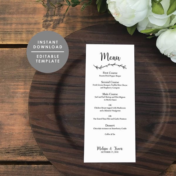 Rustic menu template, printable wedding menu, kraft menu, Instant Download, Editable PDF template, #GD_WM123