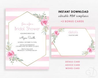Floral Bridal shower invitation,Printable Bridal Shower Invitation Template,Floral, Greenery,Geometric,Editable PDF, Instant Download,WSI114