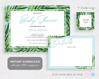 Tropical baby shower,Palm shower invite,Tropical invite PDF,Palm leaves shower,Beach shower invite,Tropical PDF,Blue shower invite, BSI110