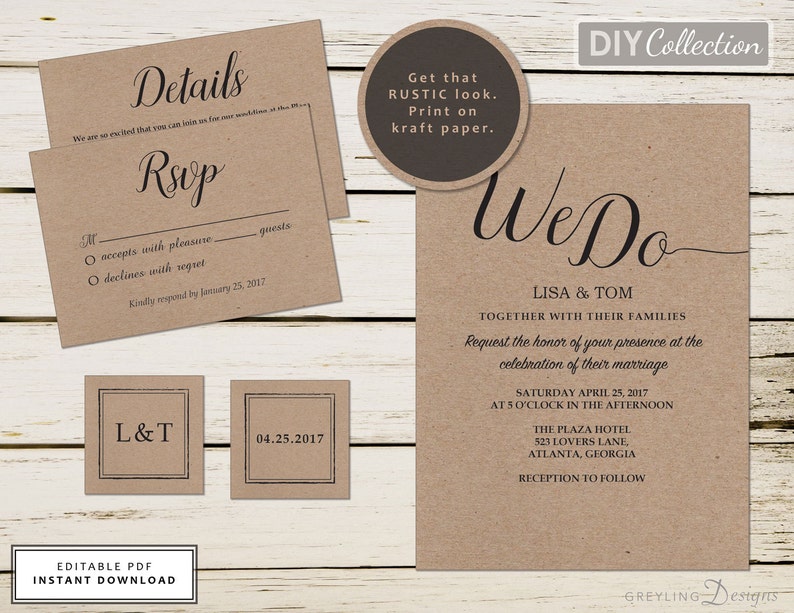 Printable Kraft Wedding Invitation Kit Rustic Wedding Etsy