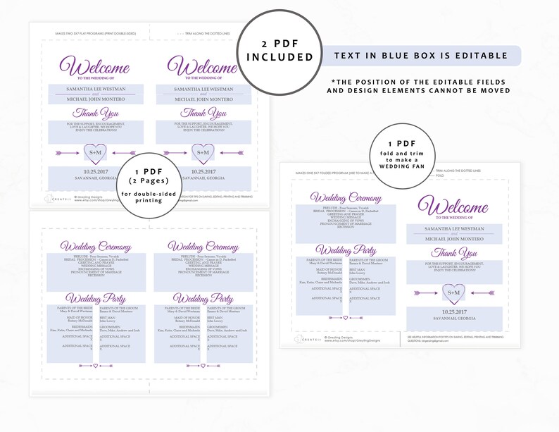 Purple Wedding Program Template, Printable Wedding Programs Instant Download, Editable Template, Double-Sided Program GD_WP124 image 3